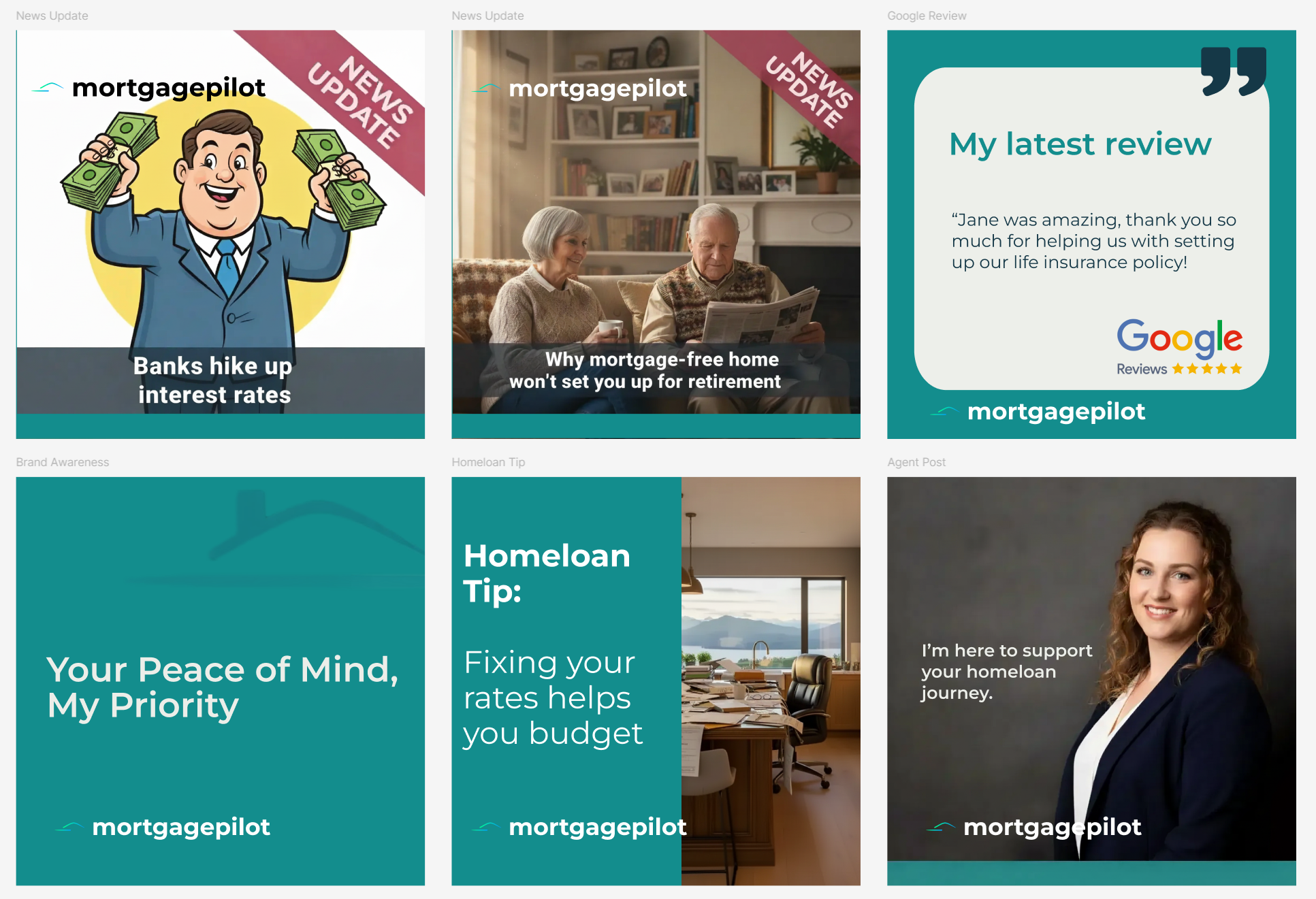 Mortgage Pilot Social Media Post Examples - Rate updates, news, testimonials, and broker profiles